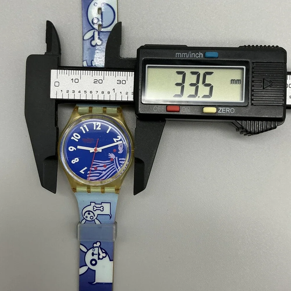 Swatch Gruau GK147 Men Watch 34mm Blue Dial Yellow Case Dog Print New Battery